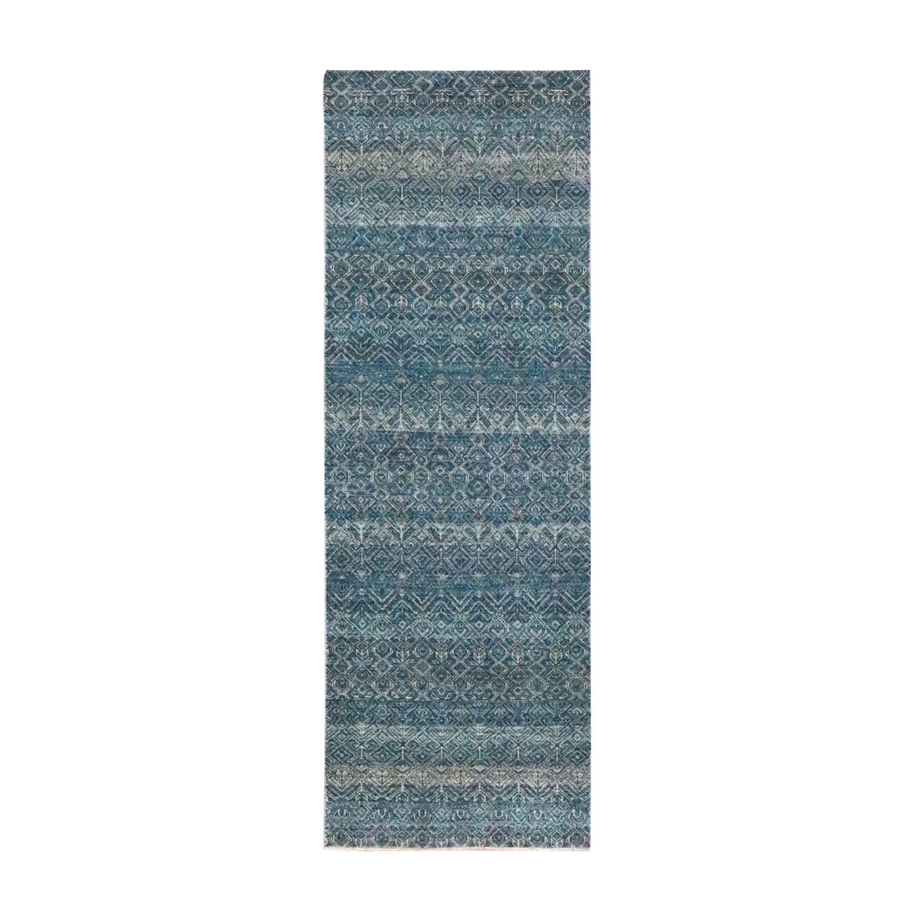2'7"x7'7" Pacific Blue, Kohinoor Herat with Small Geometric Repetitive Diamond Pattern, Soft Wool, Tone On Tone, Hand Knotted, Runner, Oriental Rug 